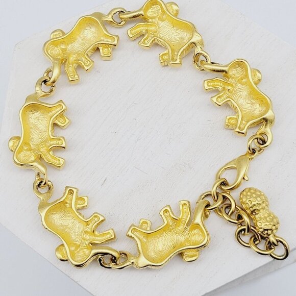 Bob Mackie Elephants On Parade Bracelet Rich Satin Gold 6.5"-8" Rhinestone Eyes - Picture 7 of 10